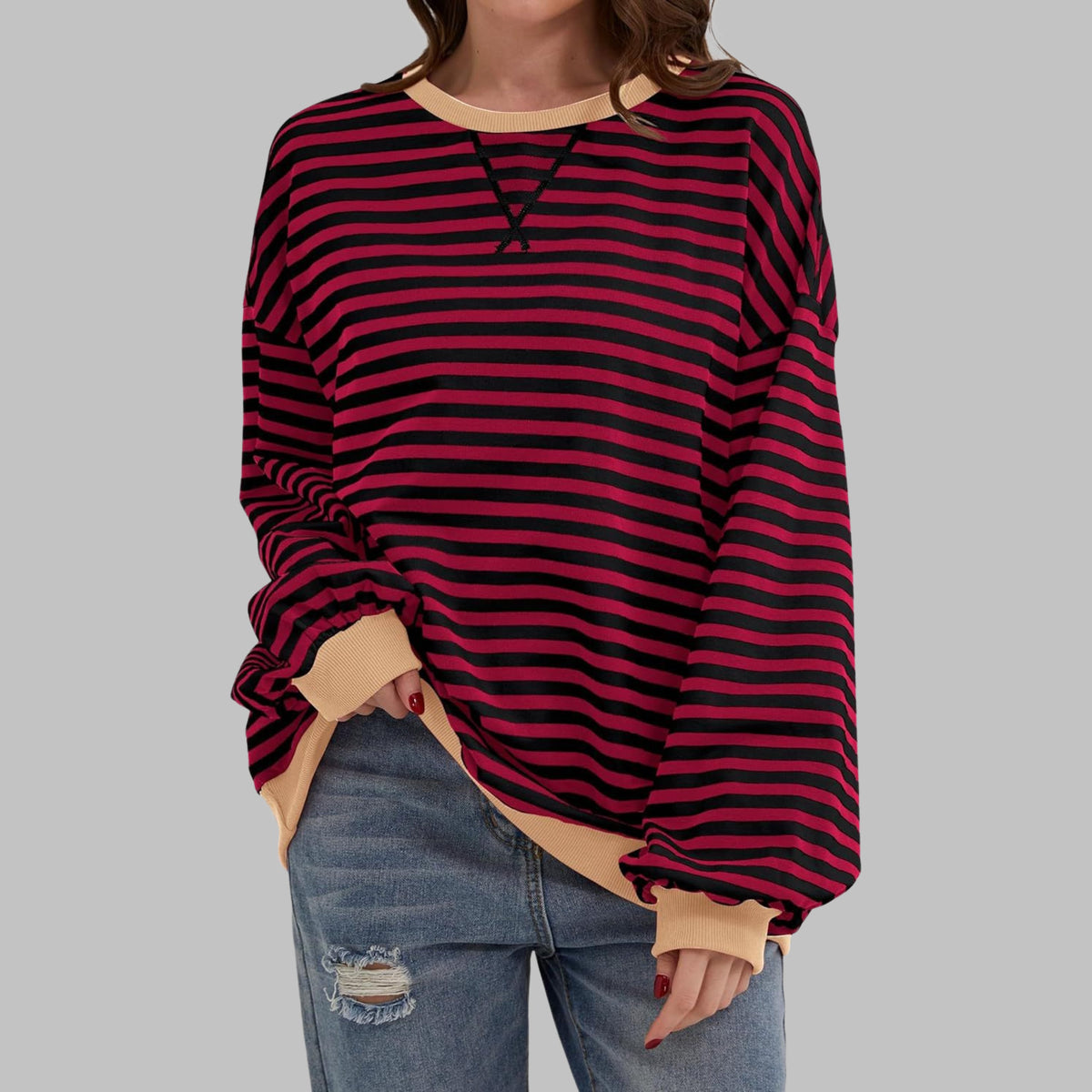 Oversized Striped Long Sleeve Sweatshirt for Women - Claret
