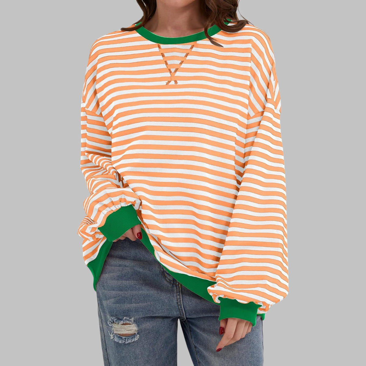 Oversized Striped Long Sleeve Sweatshirt for Women - Light Orange