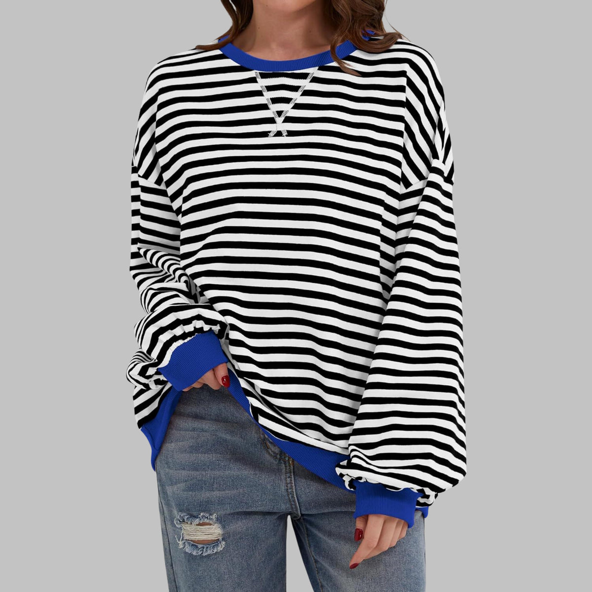 Oversized Striped Long Sleeve Sweatshirt for Women - Black
