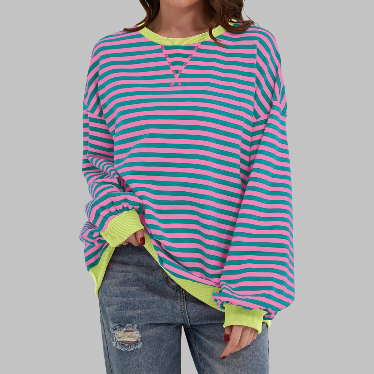 Oversized Striped Long Sleeve Sweatshirt for Women - Pink