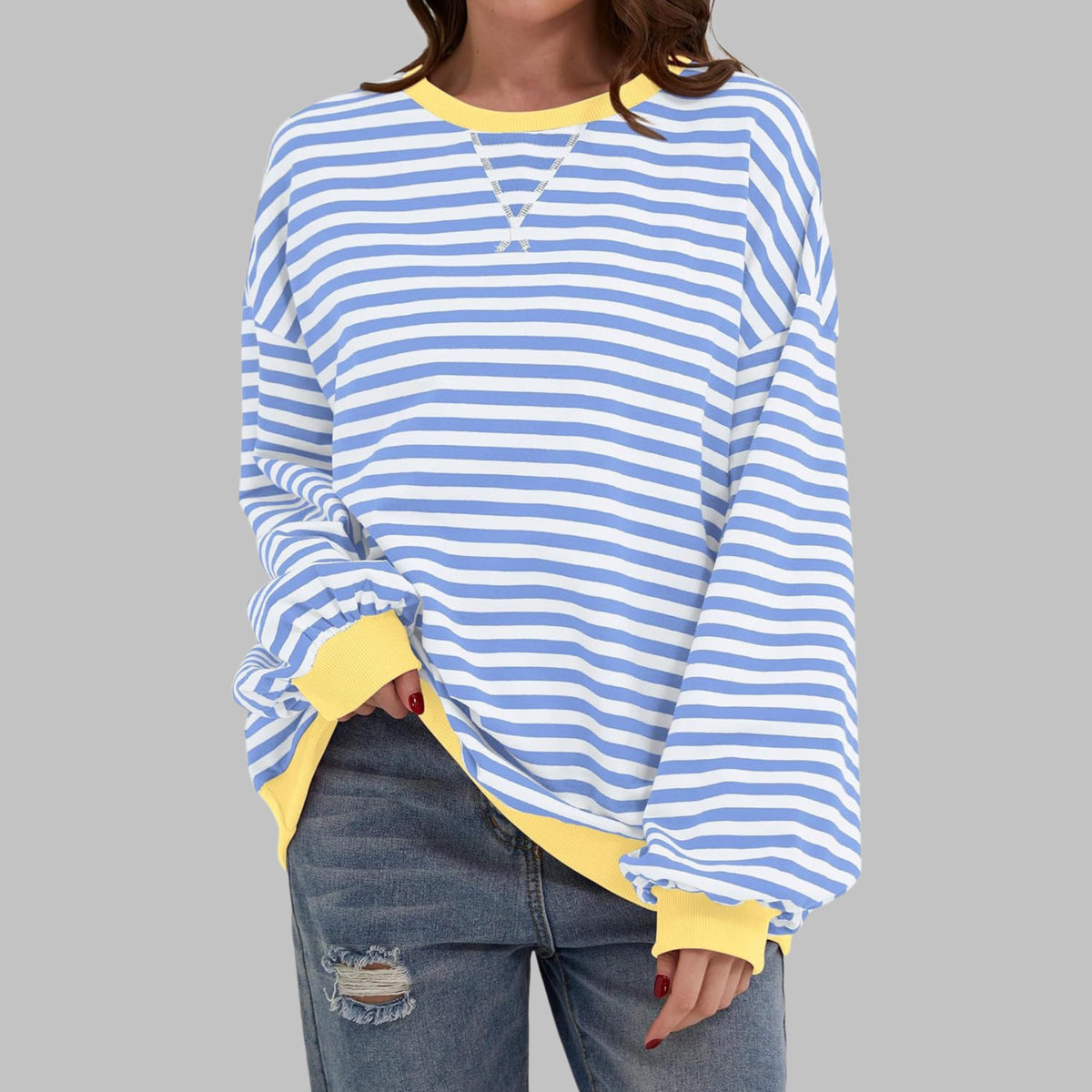 Oversized Striped Long Sleeve Sweatshirt for Women - Sky Blue