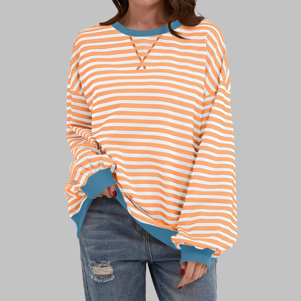 Oversized Striped Long Sleeve Sweatshirt for Women - Orange