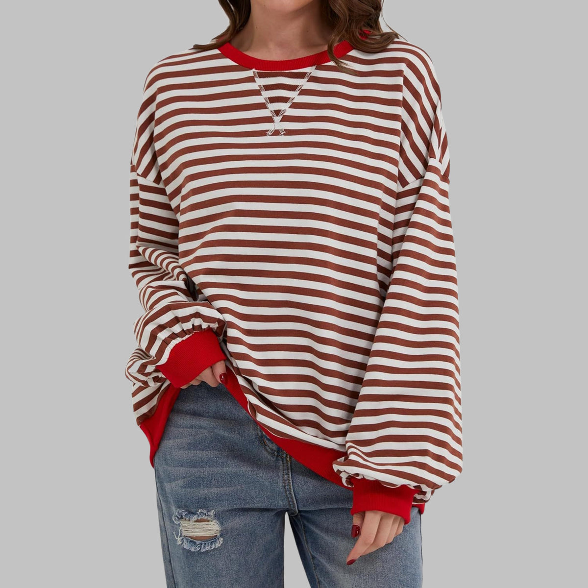 Oversized Striped Long Sleeve Sweatshirt for Women - Red
