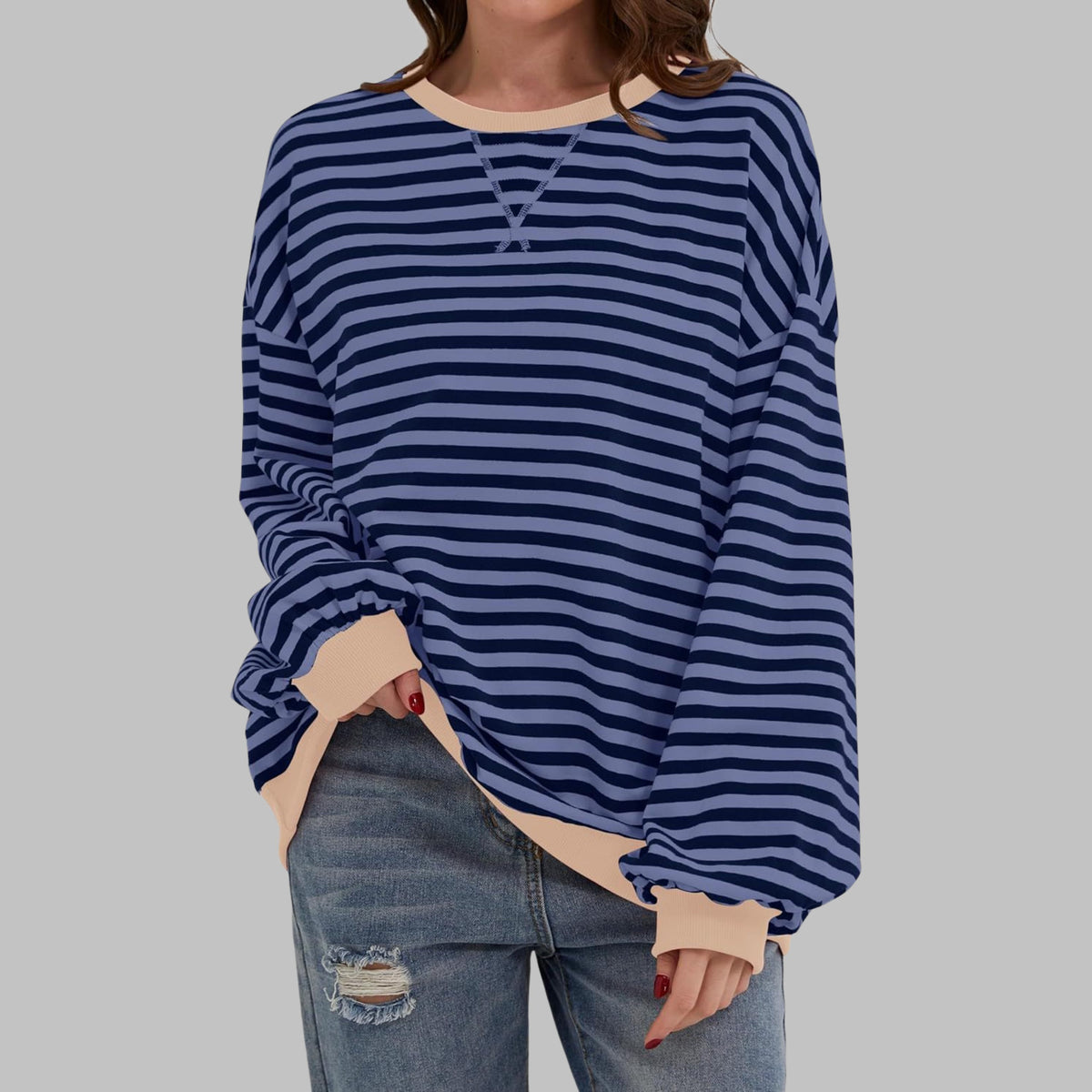 Oversized Striped Long Sleeve Sweatshirt for Women - Blue