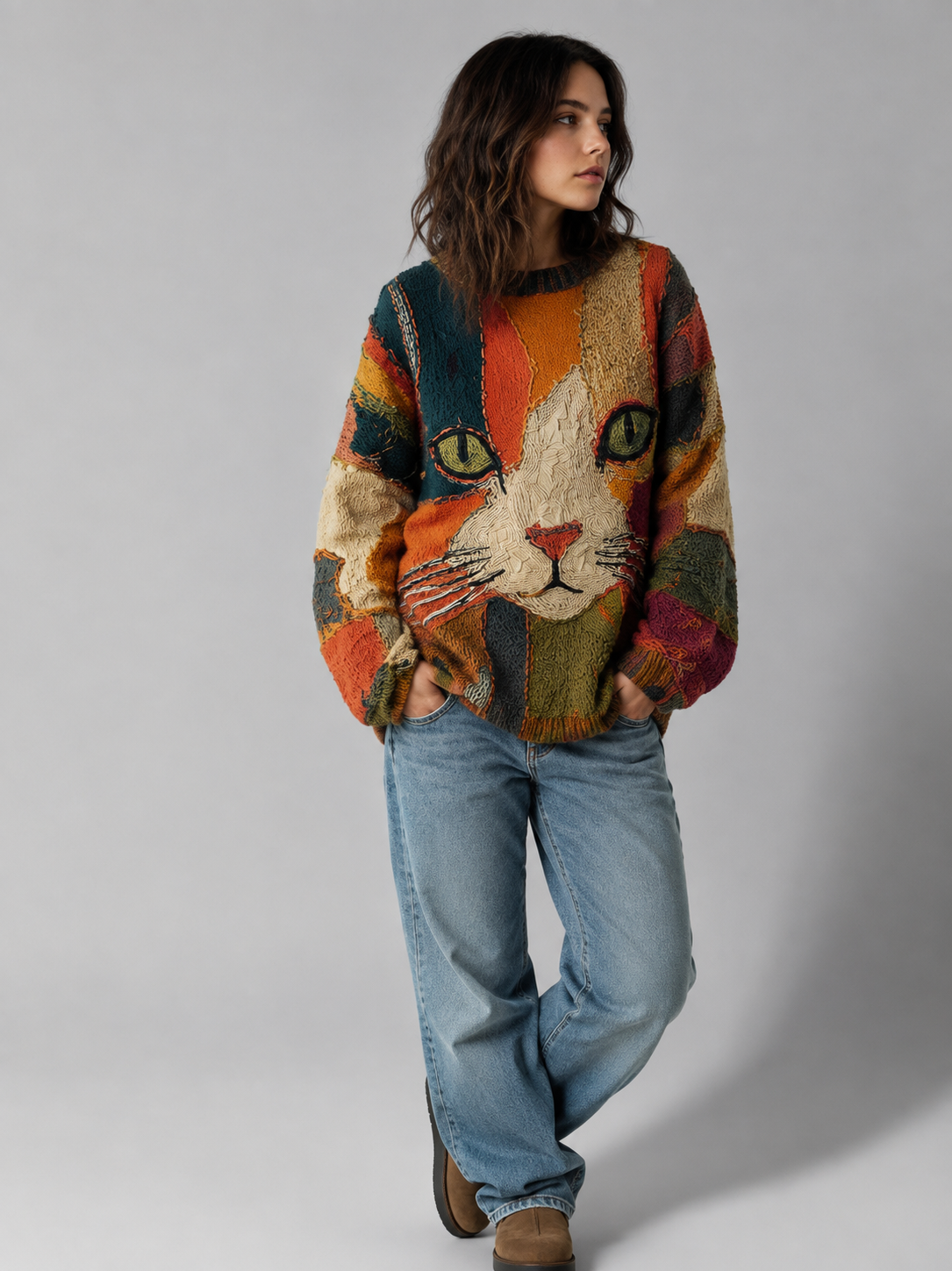 Oversized Sweater with Crew Neck and Cat Art for Women