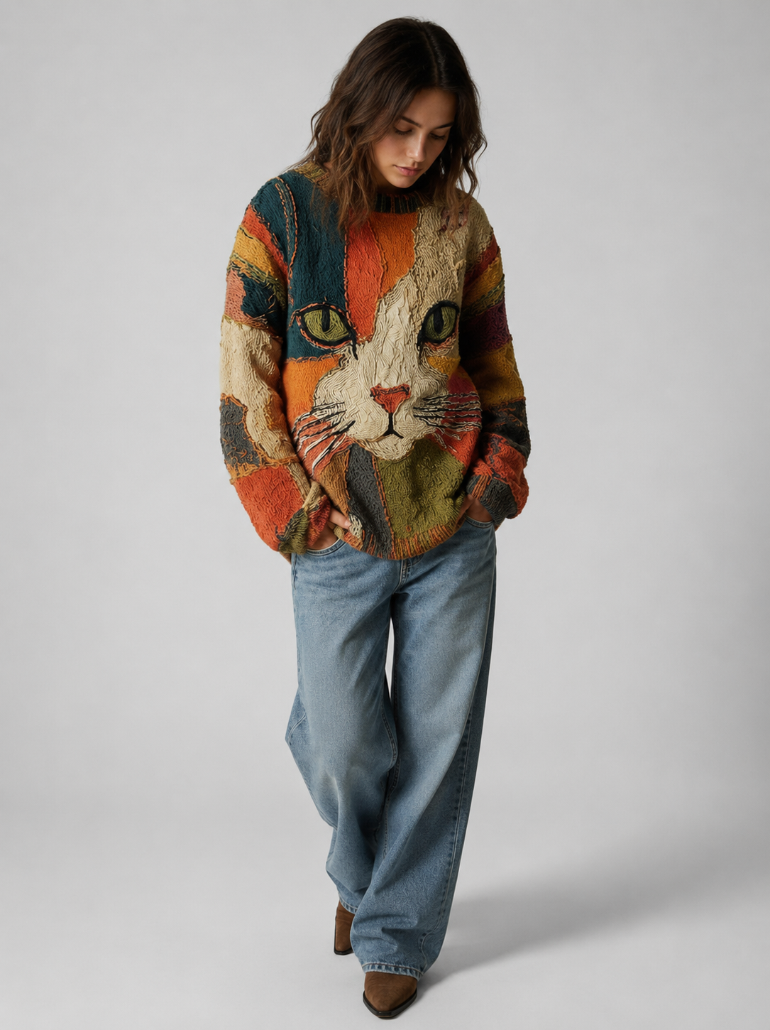 Oversized Sweater with Crew Neck and Cat Art for Women