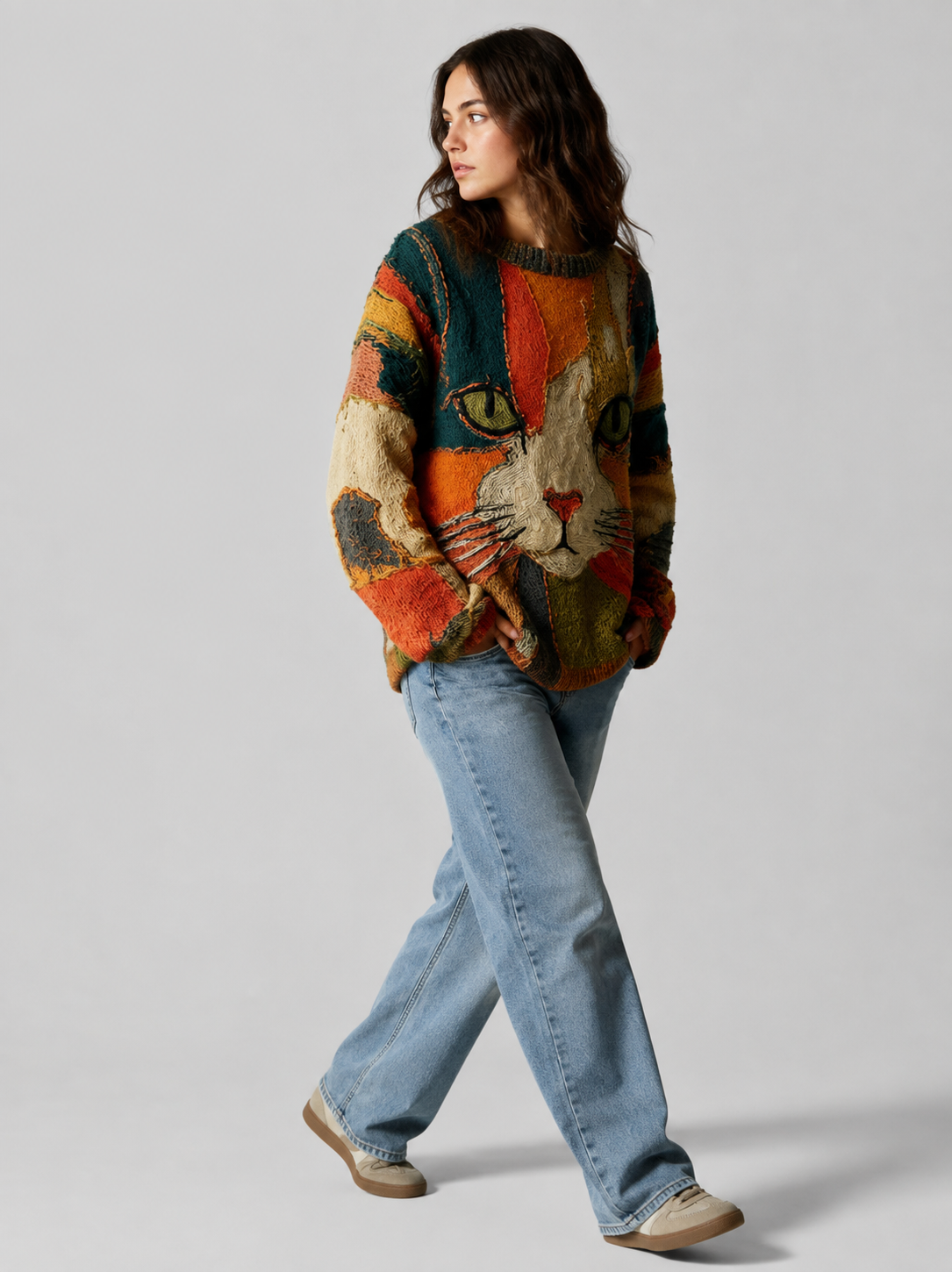 Oversized Sweater with Crew Neck and Cat Art for Women