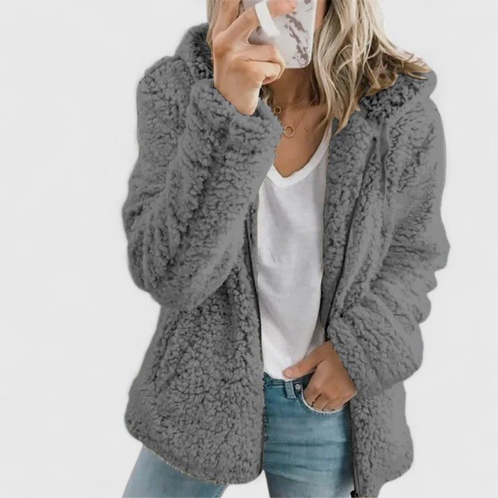 Oversized Teddy Fleece Jacket for Women - Dark Grey
