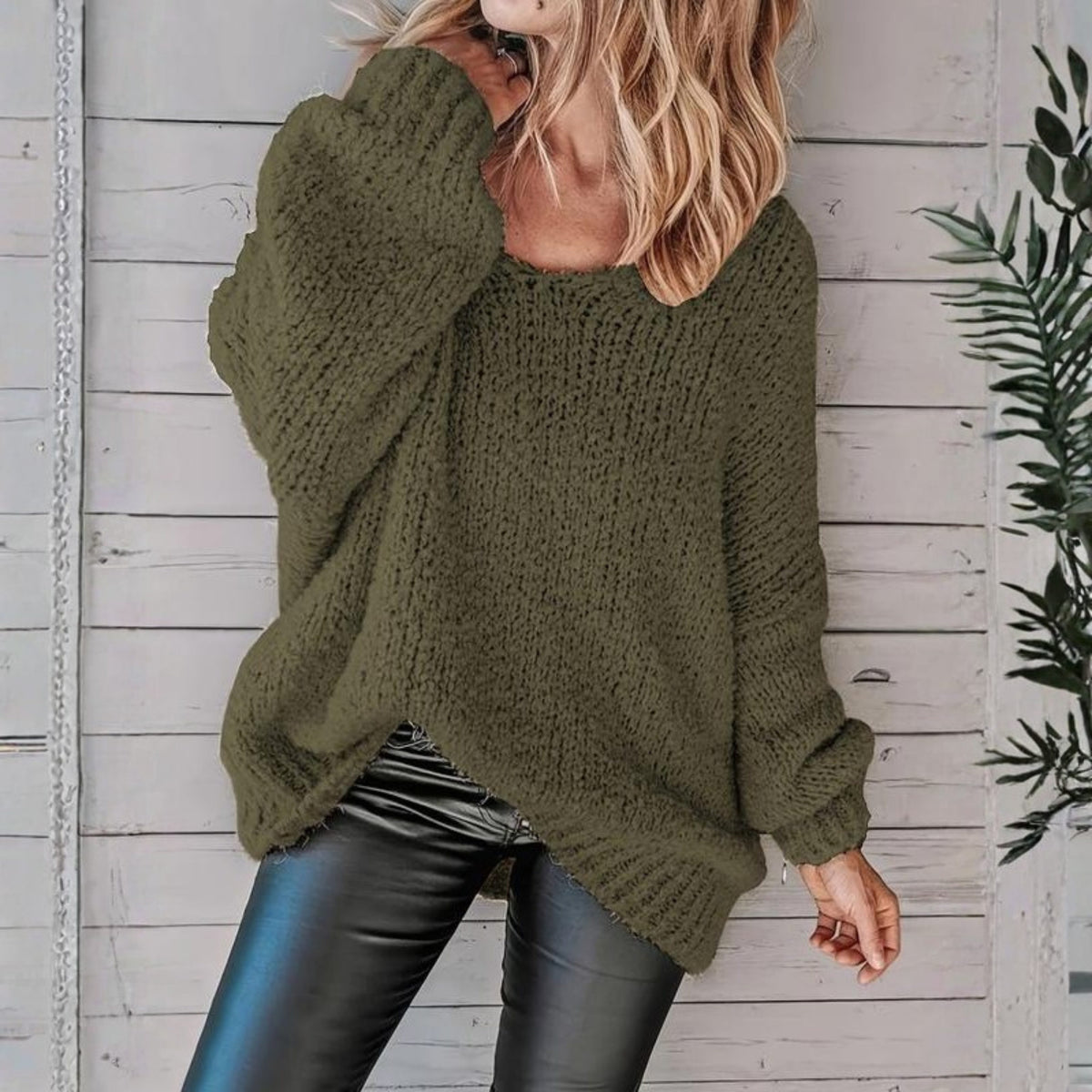 Oversized Textured Crew Neck Sweater for Women - Green