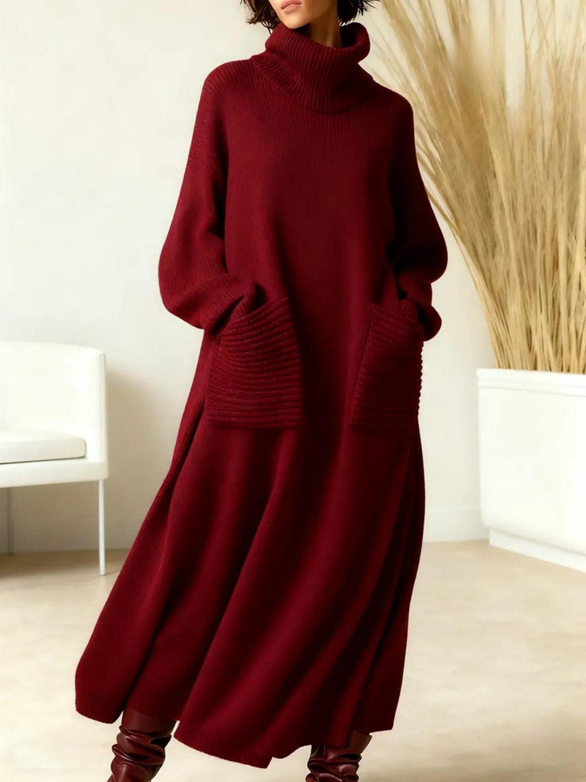 Oversized Turtleneck Maxi Dress for Women - Burgundy