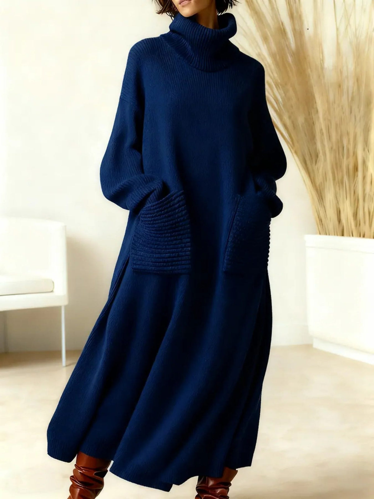 Oversized Turtleneck Maxi Dress for Women - Navy Blue