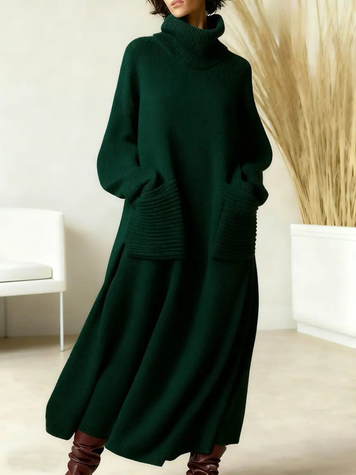 Oversized Turtleneck Maxi Dress for Women - Green