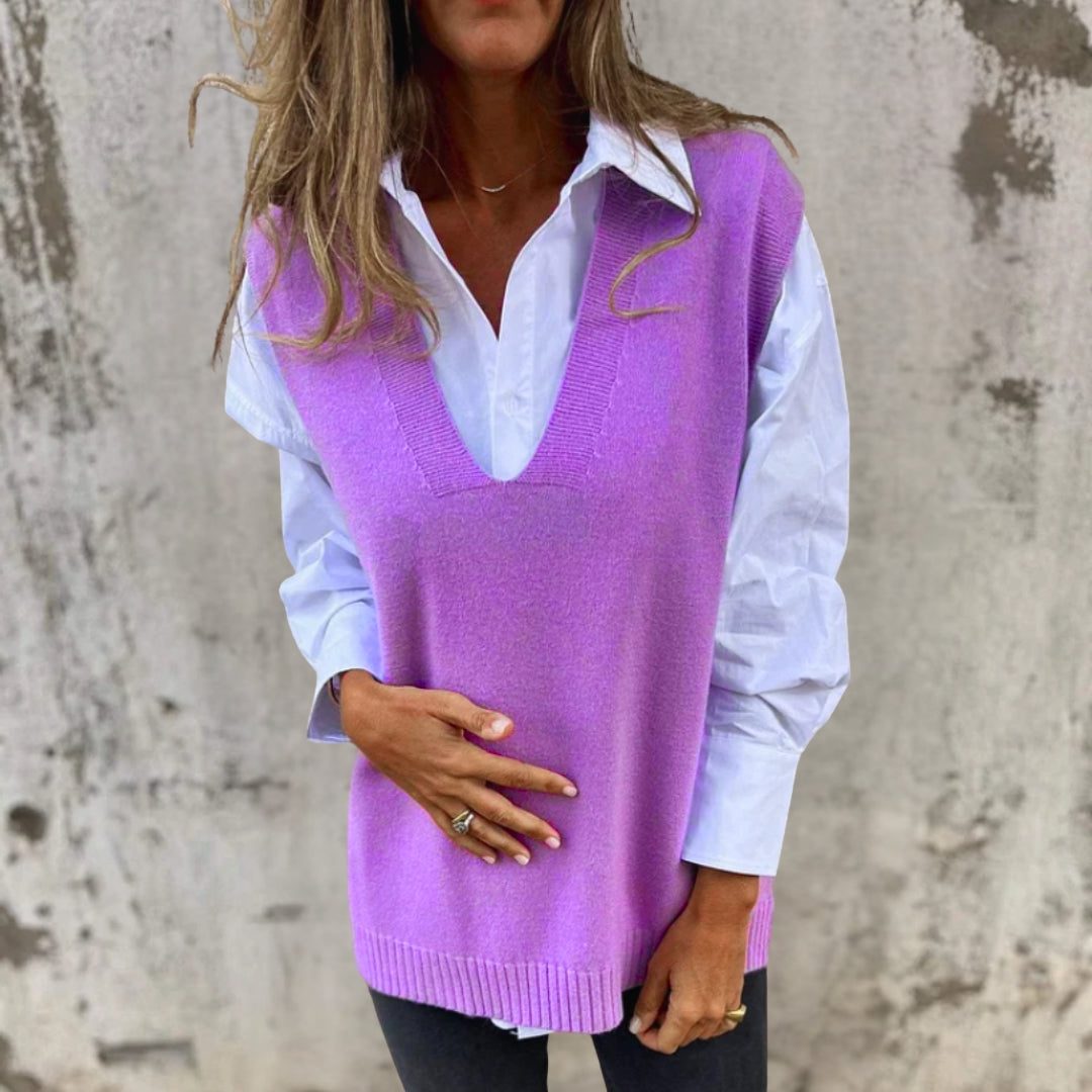 Oversized V-Neck Ribbed Knit Vest for Women - Purple