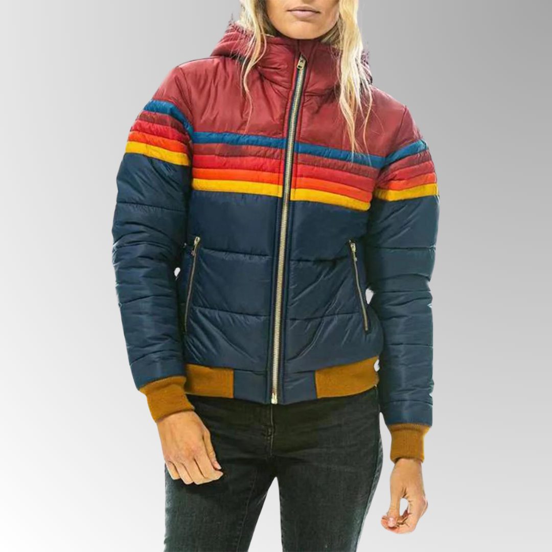 Padded Puffer Jacket with Rainbow Stripes for Women - Marine blue