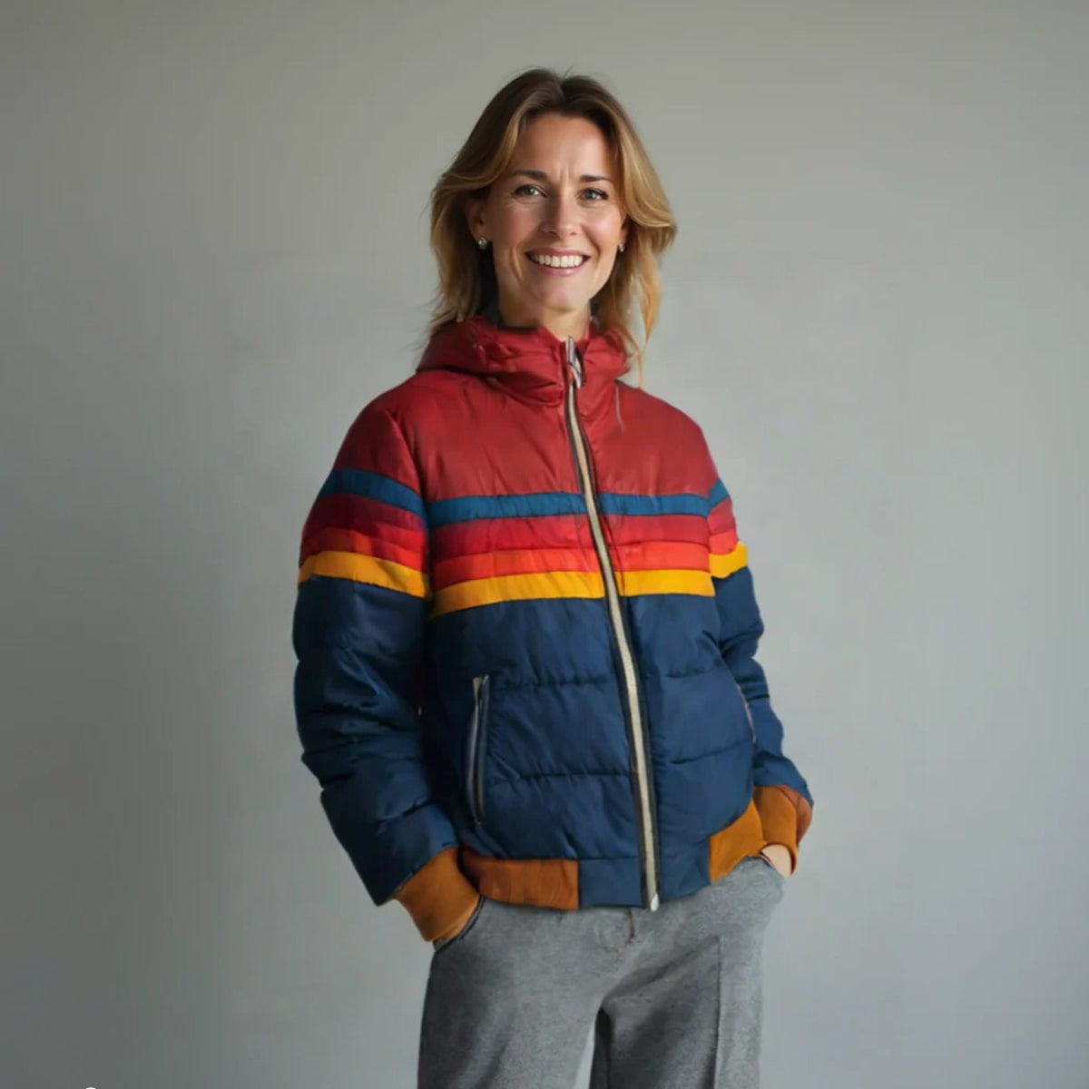 Padded Puffer Jacket with Rainbow Stripes for Women