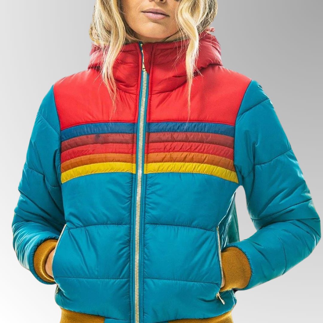 Padded Puffer Jacket with Rainbow Stripes for Women - Light blue