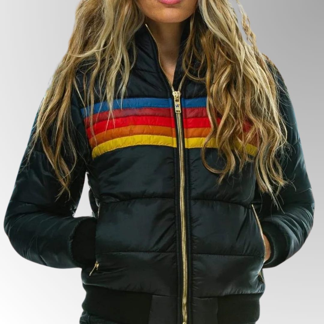 Padded Puffer Jacket with Rainbow Stripes for Women - Black