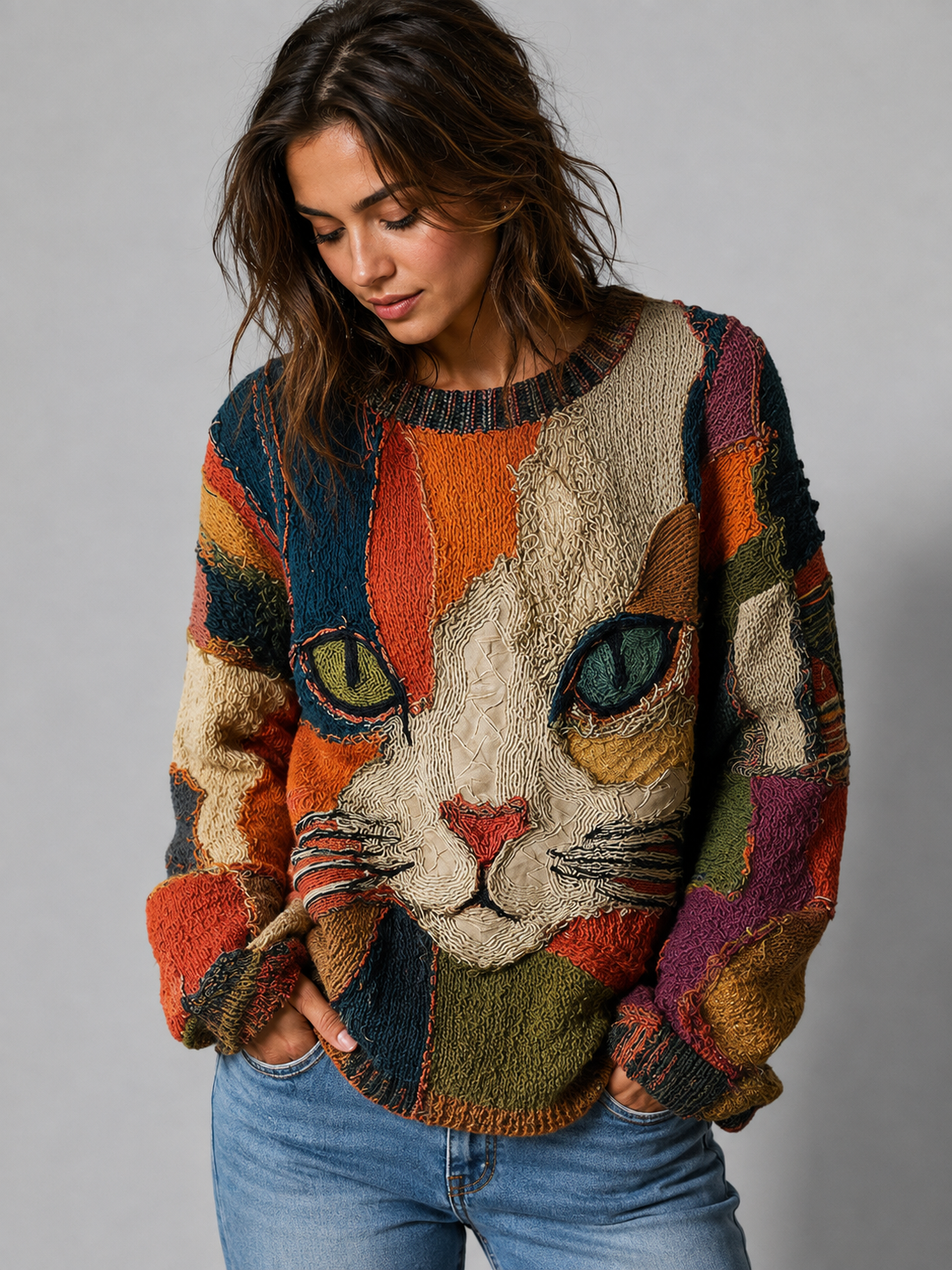 Patchwork Sweater with Crew Neck and Cat Graphic for Women