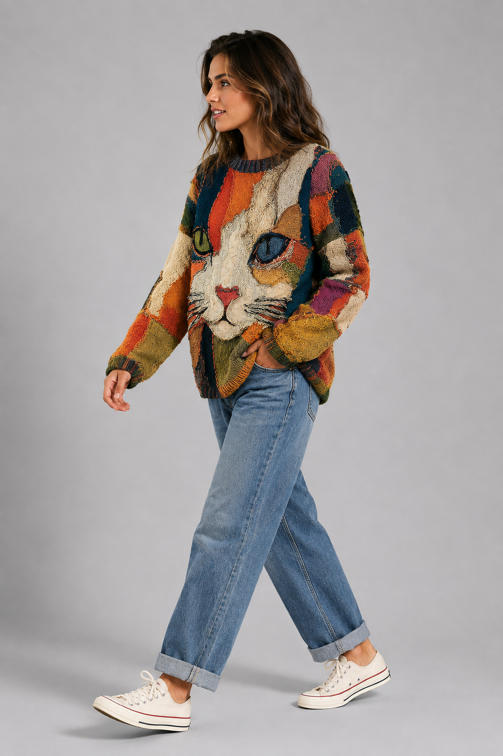 Patchwork Sweater with Crew Neck and Cat Graphic for Women