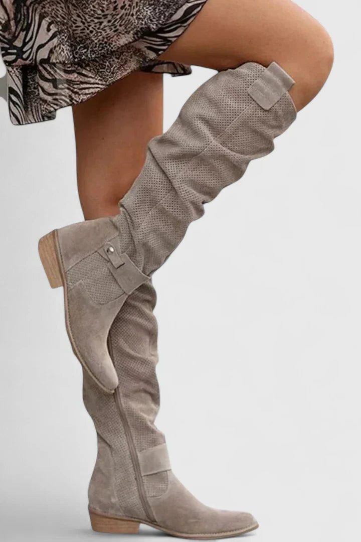 Perforated Knee High Boots for Women - Khaki
