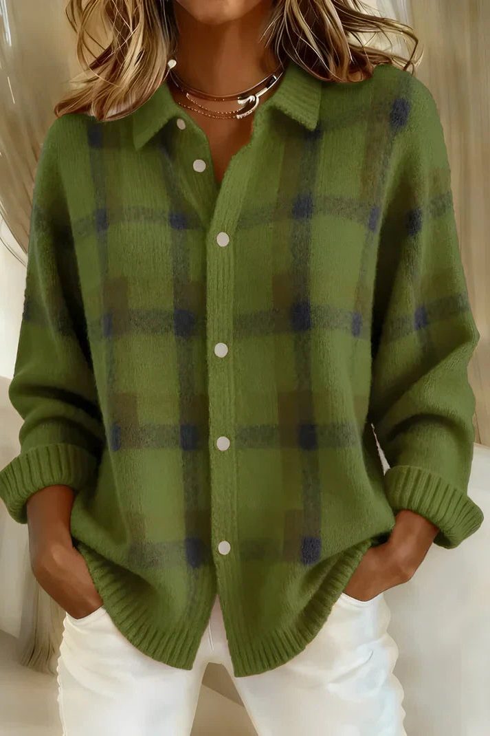 Plaid Button-Down Cardigan for Women - Green