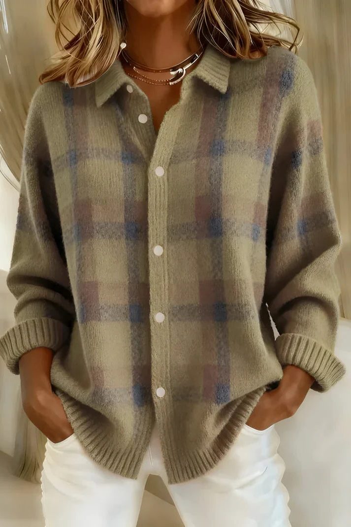 Plaid Button-Down Cardigan for Women - Brown