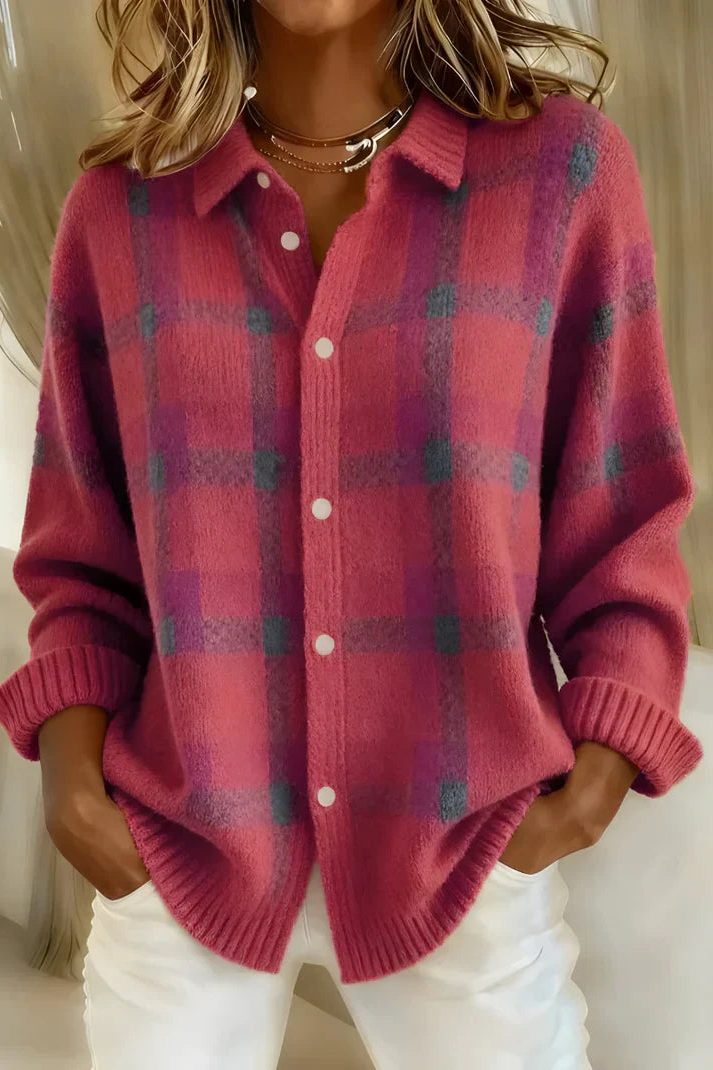 Plaid Button-Down Cardigan for Women - Pink