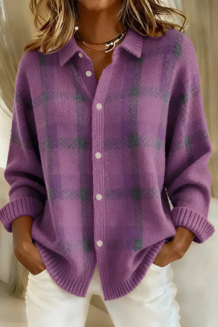 Plaid Button-Down Cardigan for Women - Purple