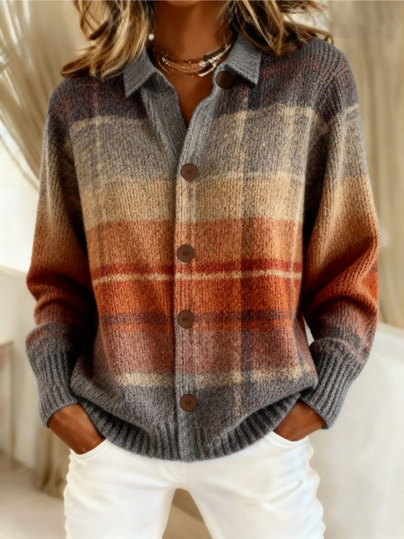 Plaid Button-Down Cardigan with Long Sleeves for Women