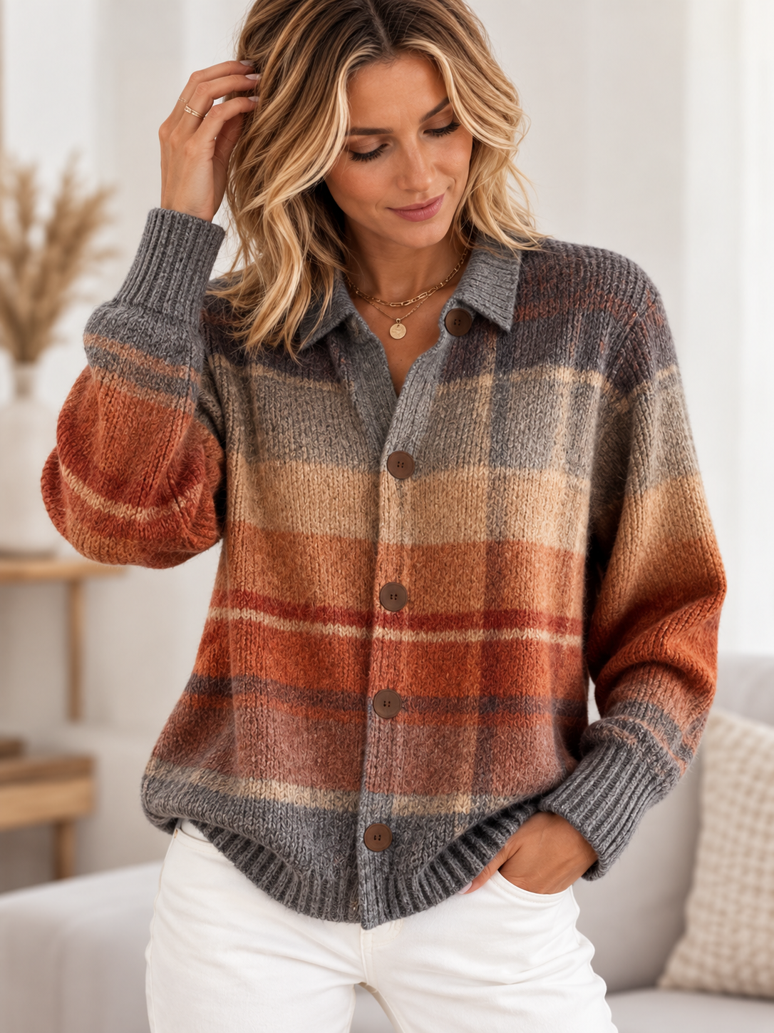 Plaid Button-Down Cardigan with Long Sleeves for Women