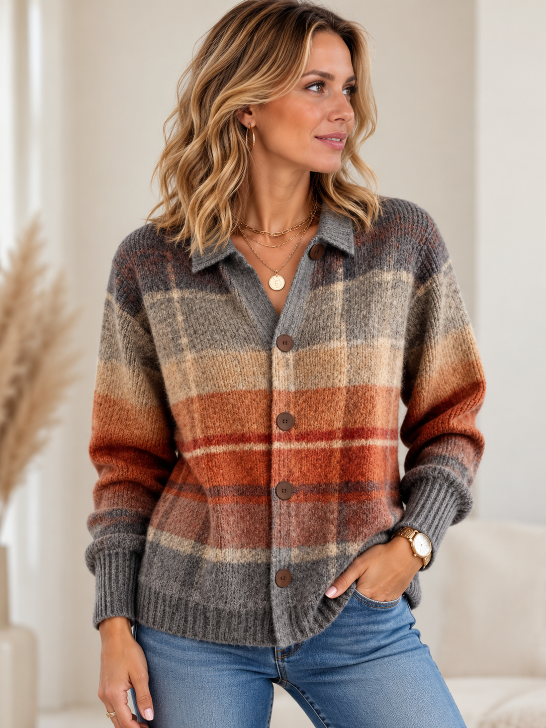 Plaid Button-Down Cardigan with Long Sleeves for Women