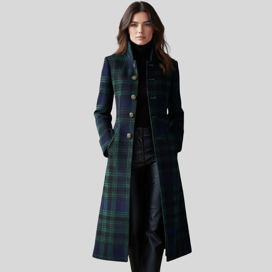 Plaid Button-Down Long Coat for Women