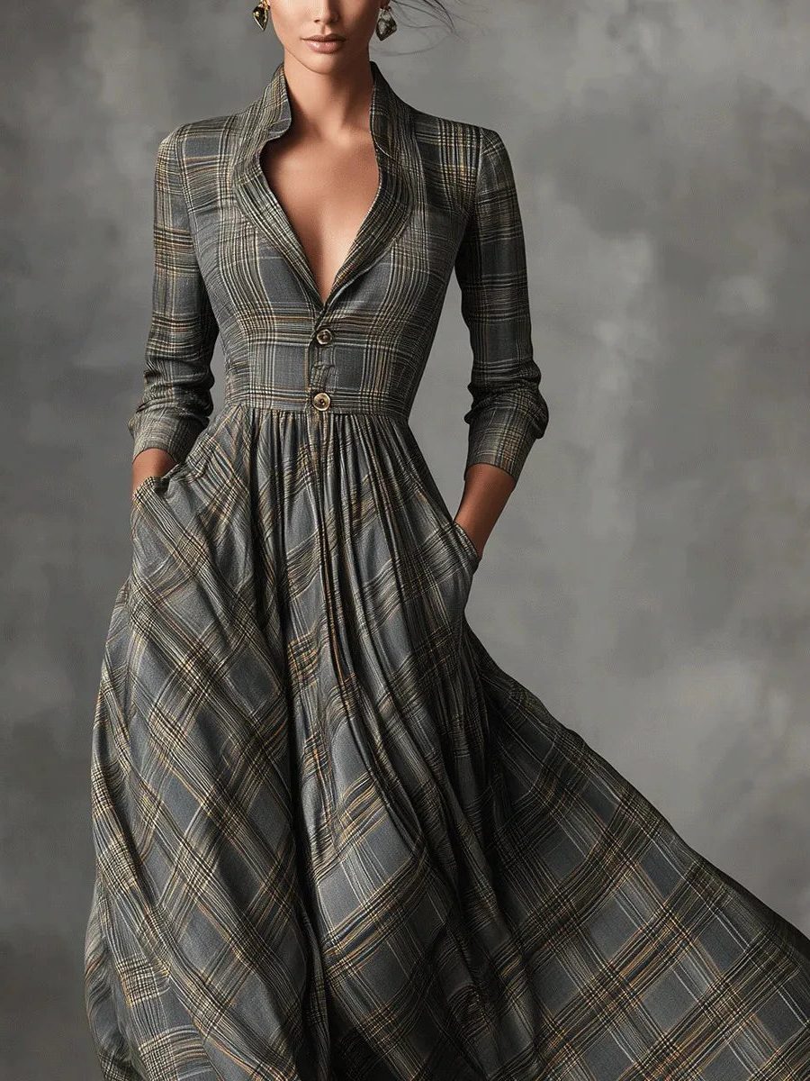 Plaid Button-Front Maxi Dress for Women - View 3