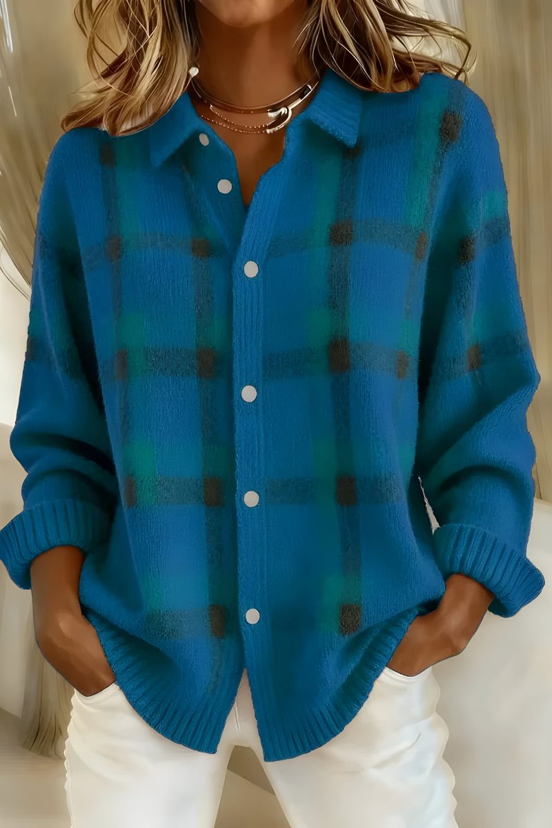 Plaid Button-Up Cardigan for Women - Blue