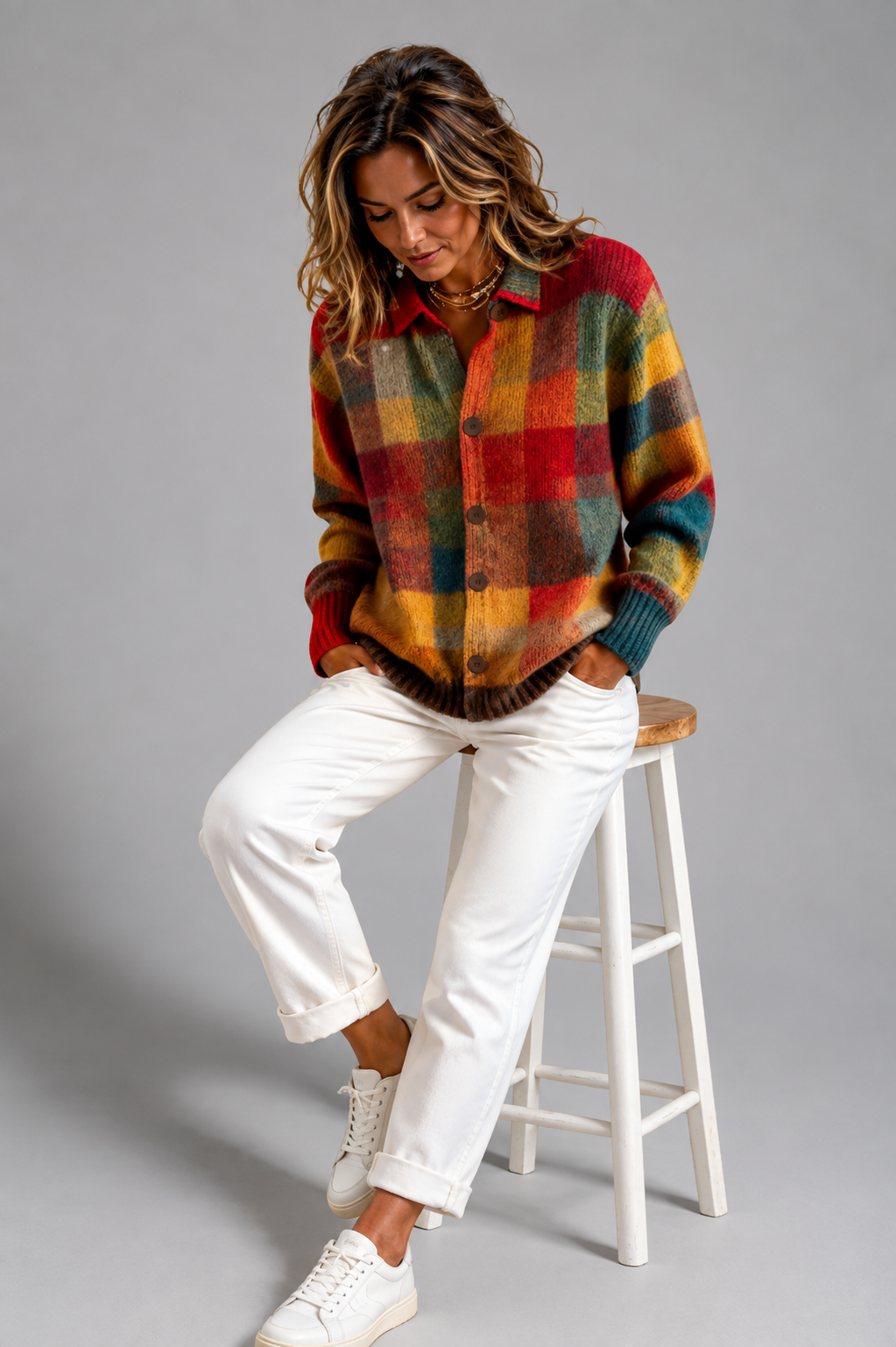 Plaid Cardigan with Button-Down for Women