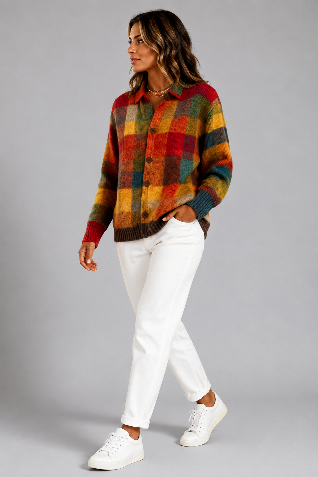 Plaid Cardigan with Button-Down for Women