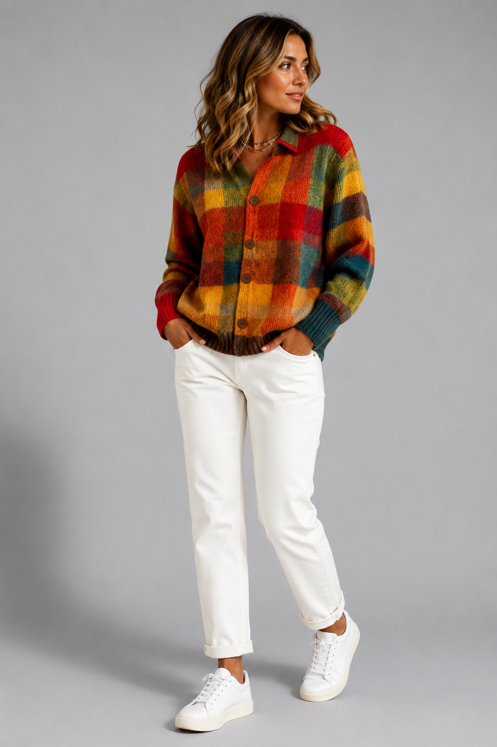 Plaid Cardigan with Button-Down for Women