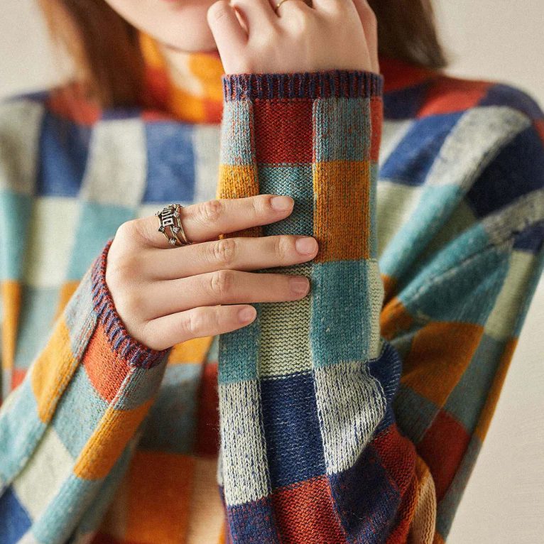 Plaid Checkered Chunky Knit Jumper for Women - View 7