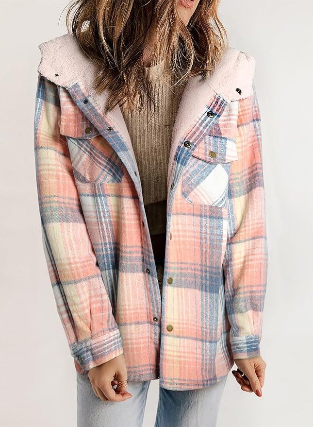 Plaid Flannel Shirt Jacket with Sherpa Collar for Women