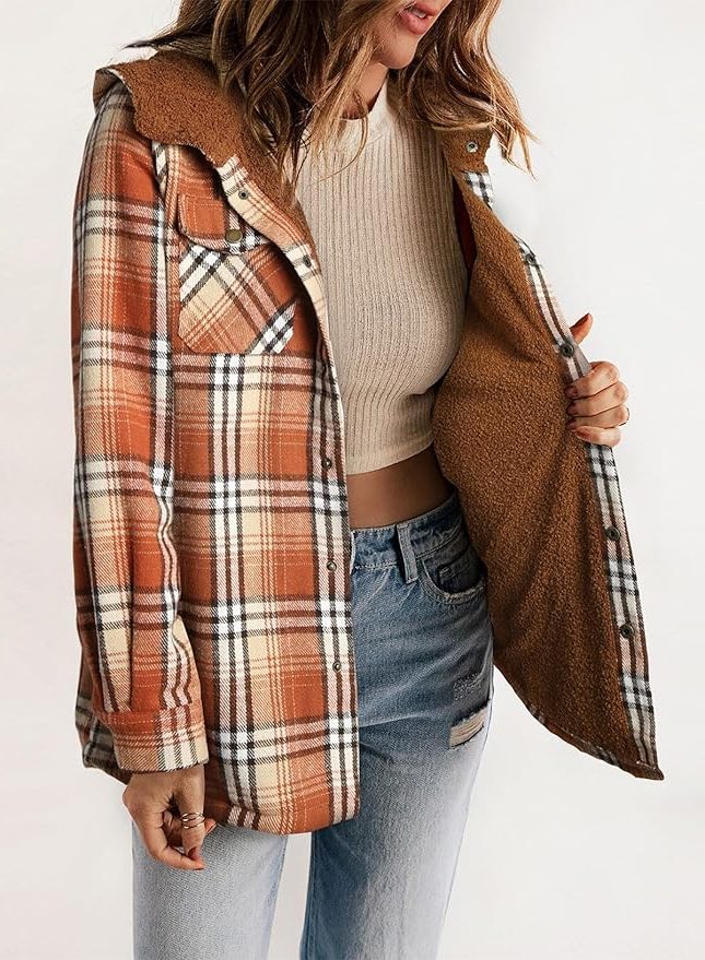 Plaid Flannel Shirt Jacket with Sherpa Collar for Women - Opulence Orange
