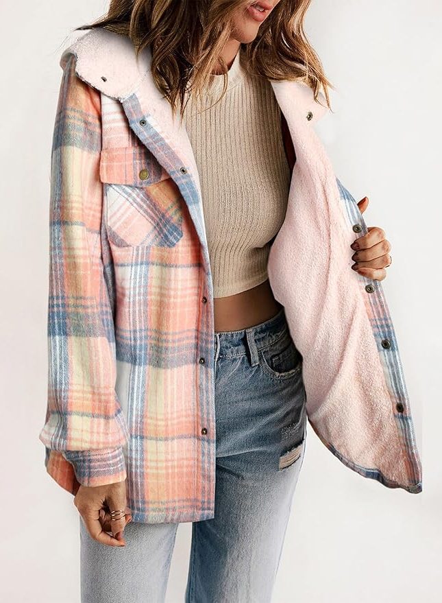 Plaid Flannel Shirt Jacket with Sherpa Collar for Women - View 2