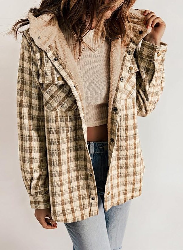 Plaid Flannel Shirt Jacket with Sherpa Collar for Women - View 15