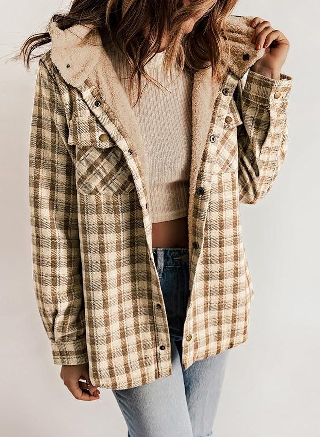 Plaid Flannel Shirt Jacket with Sherpa Collar for Women - Cozy Brown