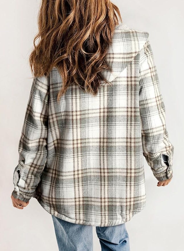 Plaid Flannel Shirt Jacket with Sherpa Collar for Women - View 20
