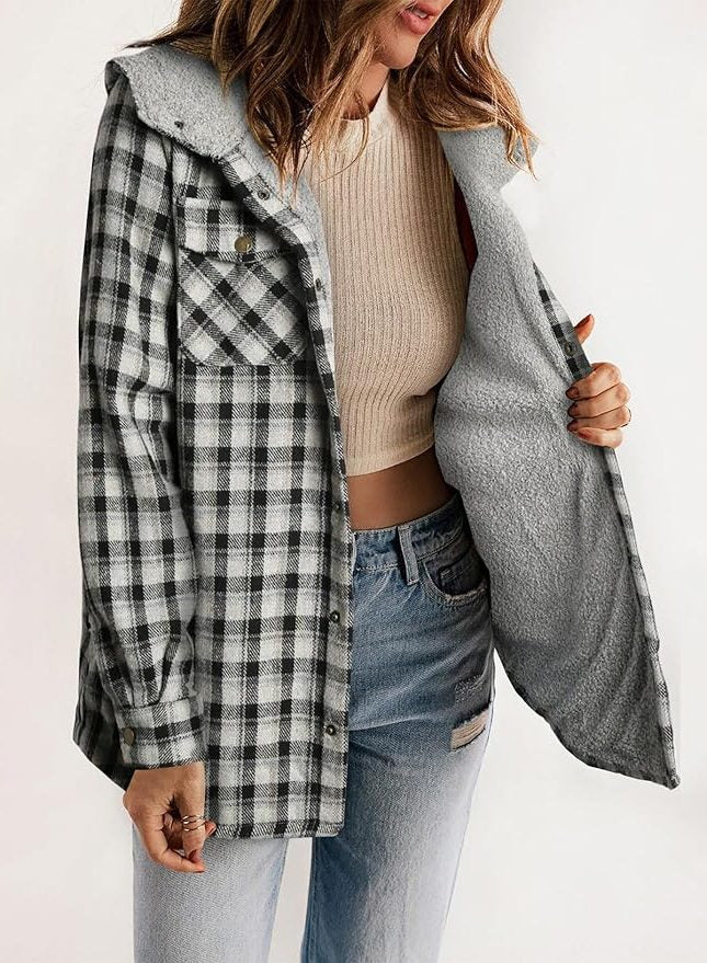 Plaid Flannel Shirt Jacket with Sherpa Collar for Women - Blackout White