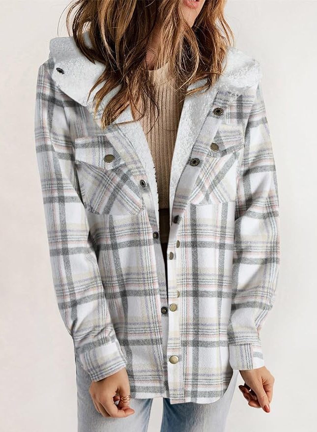 Plaid Flannel Shirt Jacket with Sherpa Collar for Women - Gracious Gray