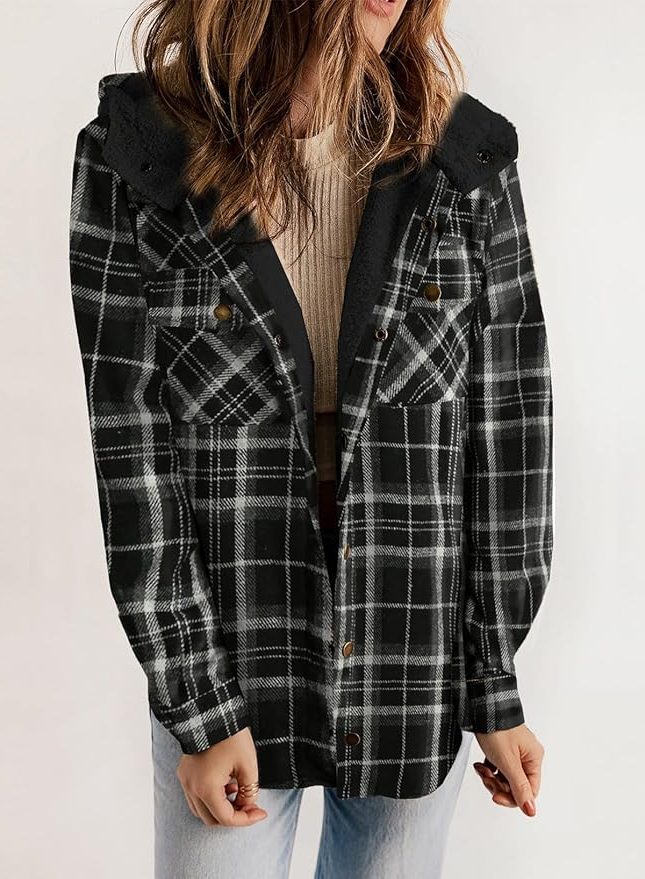 Plaid Flannel Shirt Jacket with Sherpa Collar for Women - Bold Black