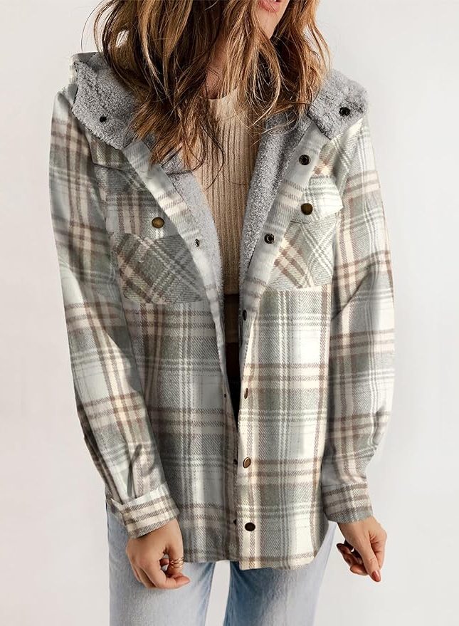 Plaid Flannel Shirt Jacket with Sherpa Collar for Women - Graphite Gray