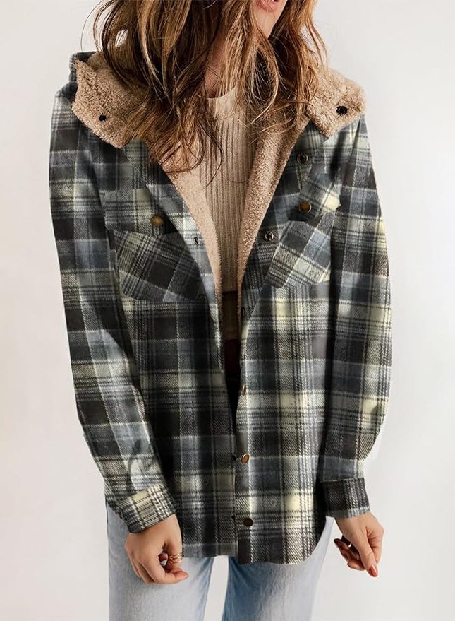 Plaid Flannel Shirt Jacket with Sherpa Collar for Women - Emerald Elegance