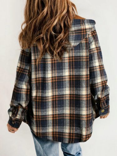 Plaid Flannel Shirt Jacket with Sherpa Collar for Women - Burgundy Blue